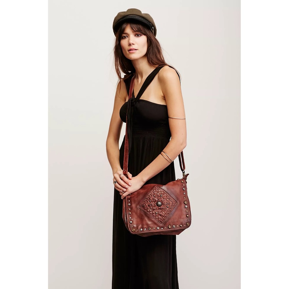 Free People Old Trend Lone Road Messenger Bag Brown Studded Leather Southwestern